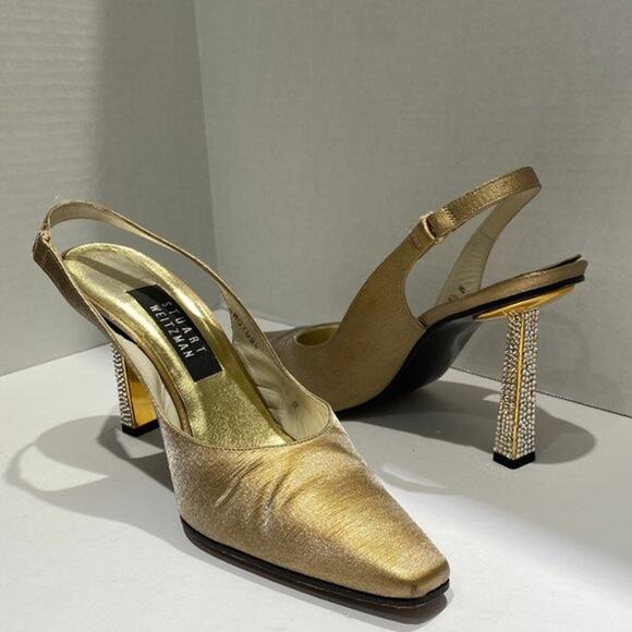 Stuart Weitzman Vintage Gold Sling Back Heels with Rhinestone Heel - Picture 1 of 5